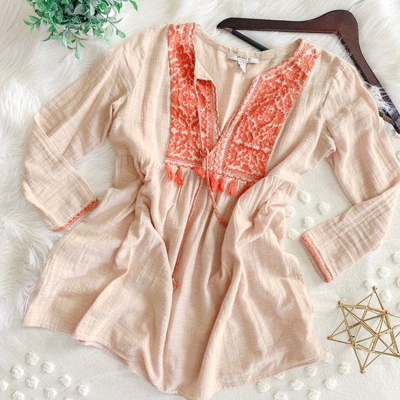 Forever 21 Tops - F21 Peach Embroidered Tunic